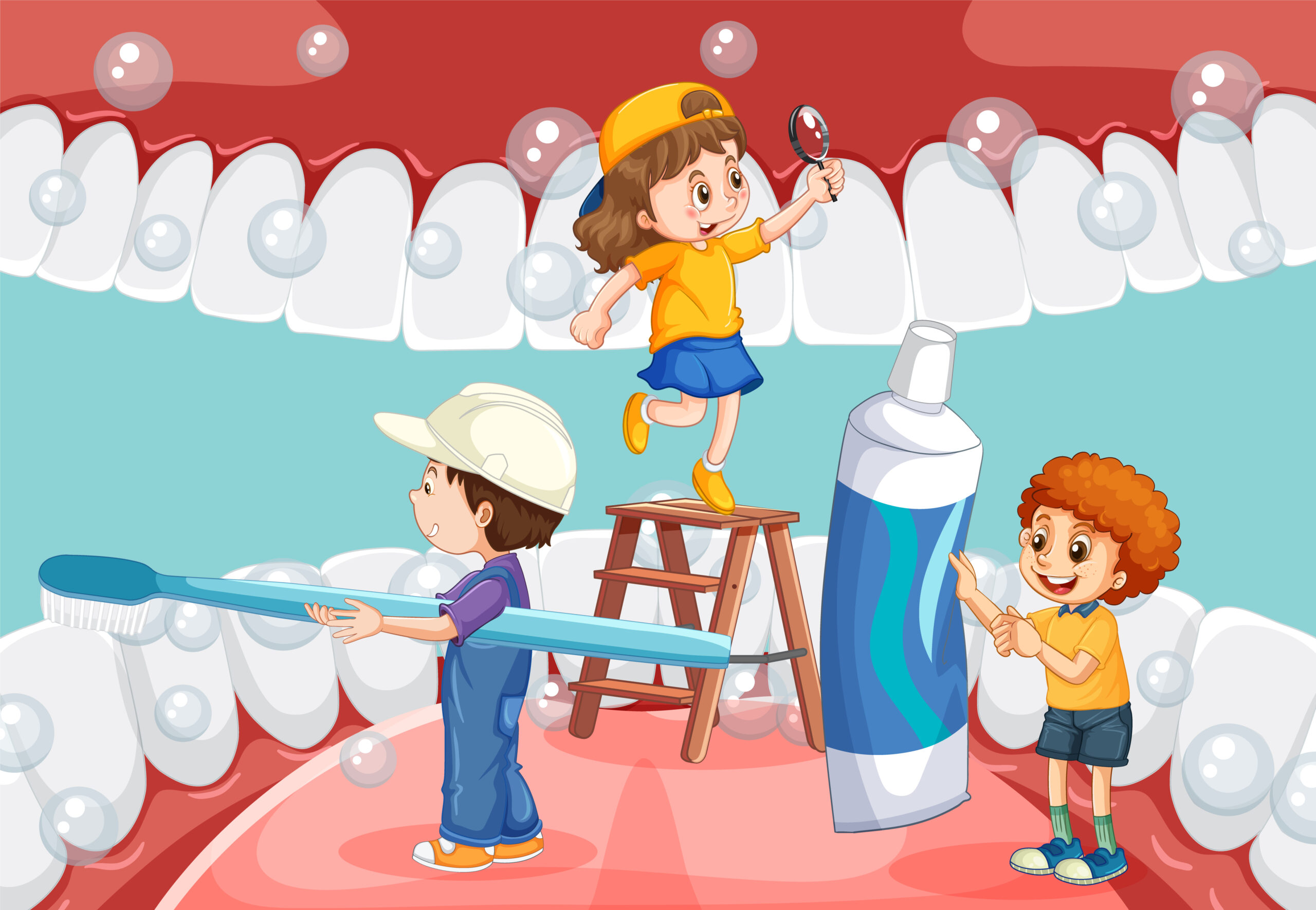 Happy kids brushing whiten teeth with a toothbrush inside human mouth illustration