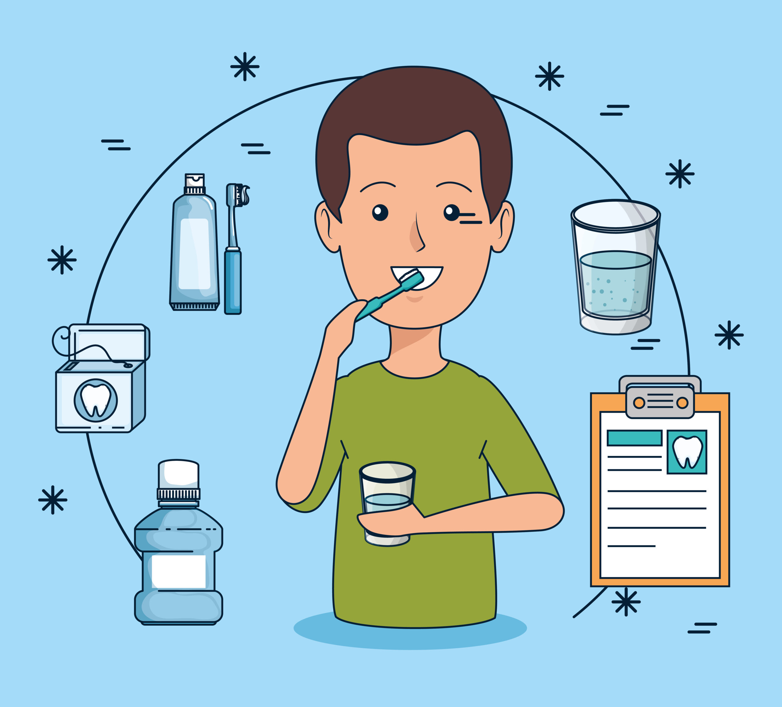 man teeth hygiene with toothbrush and mouthwash vector illustration